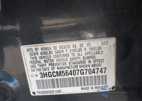 2007 Honda Accord 2.4 Lx z USA, uszkodzony, nr VIN 3HGCM56407G704747